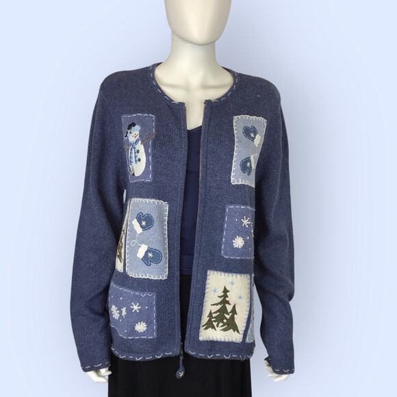 Croft & Barrow Blue Christmas Cardigan Patchwork Full Zip Sweater Snowman - Picture 6 of 11